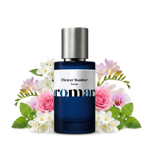 Flower Bomber 35% Extrait perfume by Aromara, inspired by Viktor & Rolf Flowerbomb. Jasmine, orange blossom, freesia, rose, orchid, patchouli, musk. UK-made dupe, 7+ hour wear.