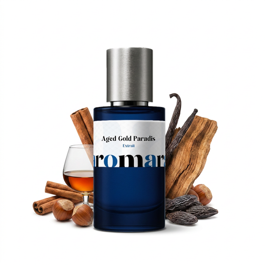 Aged Gold Paradis 35% Extrait perfume by Aromara, inspired by Kilian Angel's Share Paradis. Cognac, cinnamon, hazelnut, tonka, vanilla, oak. UK-made dupe, 7+ hour wear.