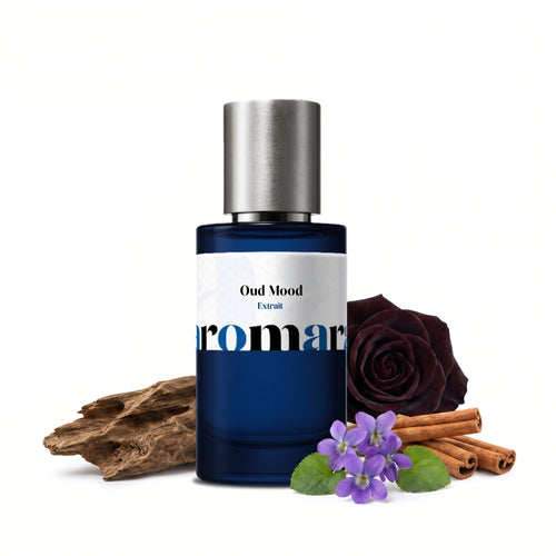 Oud Mood 35% Extrait perfume by Aromara, inspired by Maison Francis Kurkdjian Oud Satin Mood. Oud, rose, amber, cinnamon, violet, benzoin, musk, leather. UK-made dupe, 7+ hour wear.