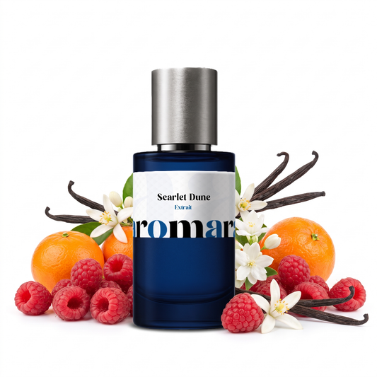 Scarlet Dune 35% Extrait perfume by Aromara, inspired by Ex Nihilo Scarlet Sands. Raspberry, mandarin, orange blossom, jasmine, amber, vanilla. UK-made dupe, 7+ hour wear.