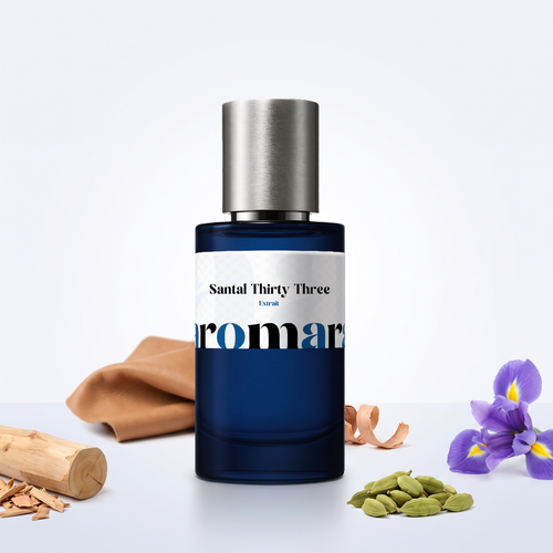 Santal Thirty Three 35% Extrait perfume by Aromara, inspired by Le Labo Santal 33. Cardamom, iris, sandalwood, cedarwood, leather. UK-made dupe, 7+ hour wear.
