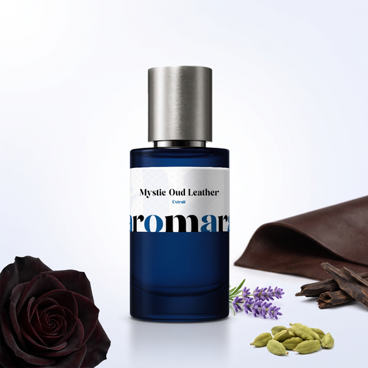 Mystic Oud Leather 35% Extrait perfume by Aromara, inspired by Penhaligon's Halfeti Leather. Lavender, black rose, cardamom, leather, oud. UK-made dupe, 7+ hour wear.