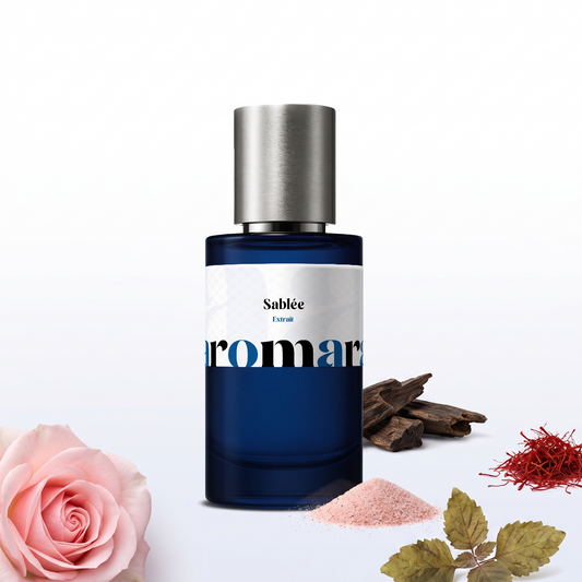 Sablée 35% Extrait perfume by Aromara, inspired by Louis Vuitton Les Sables Roses. Rose, saffron, amber, patchouli, oud. UK-made dupe, 7+ hour wear.