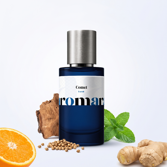 Comet 35% Extrait perfume by Aromara, inspired by Louis Vuitton Meteore. Coriander, citrus, ginger, peppermint, cedarwood. UK-made dupe, 7+ hour wear.