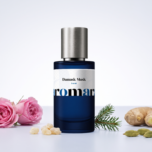 Damask Musk 35% Extrait perfume by Aromara, inspired by Maison Crivelli Musc Nurāsana. Damask rose, frankincense, ginger, cardamom, fir balsam. UK-made dupe, 7+ hour wear.