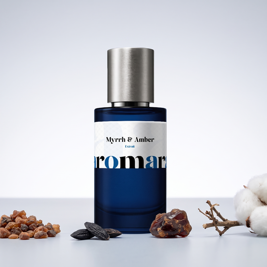 Myrrh & Amber 35% Extrait perfume by Aromara, inspired by Jo Malone Myrrh & Tonka. Myrrh, tonka bean, benzoin, amber, soft musk. UK-made dupe, 7+ hour wear.