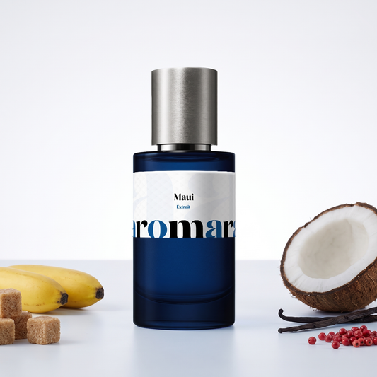 Maui 35% Extrait perfume by Aromara, inspired by Kayali Maui Sweet Banana 37. Banana, brown sugar, coconut milk, pink pepper, vanilla. UK-made dupe, 7+ hour wear.
