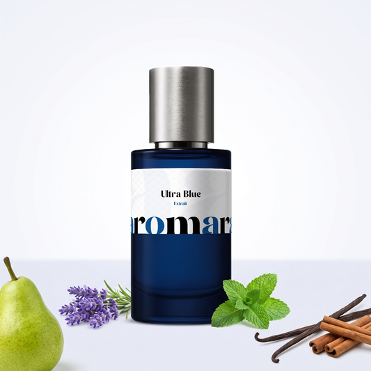 Ultra Blue 35% Extrait perfume by Aromara, inspired by Jean Paul Gaultier Ultra Male. Pear, lavender, mint, cinnamon, vanilla. UK-made dupe, 7+ hour wear.