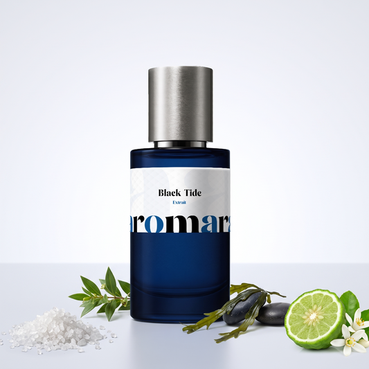 Black Tide 35% Extrait perfume by Aromara, inspired by Lorenzo Pazzaglia Black Sea. Sea salt, myrtle, bergamot, orange blossom, algae, white musk. UK-made dupe, 7+ hour wear.