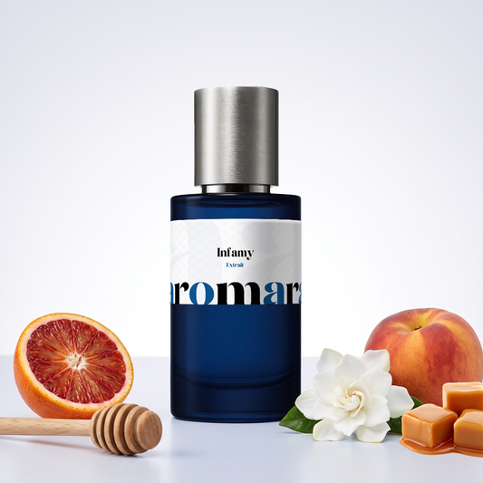 Infamy 35% Extrait perfume by Aromara, inspired by Jean Paul Gaultier Scandal. Blood orange, honey, gardenia, peach, caramel. UK-made dupe, 7+ hour wear.