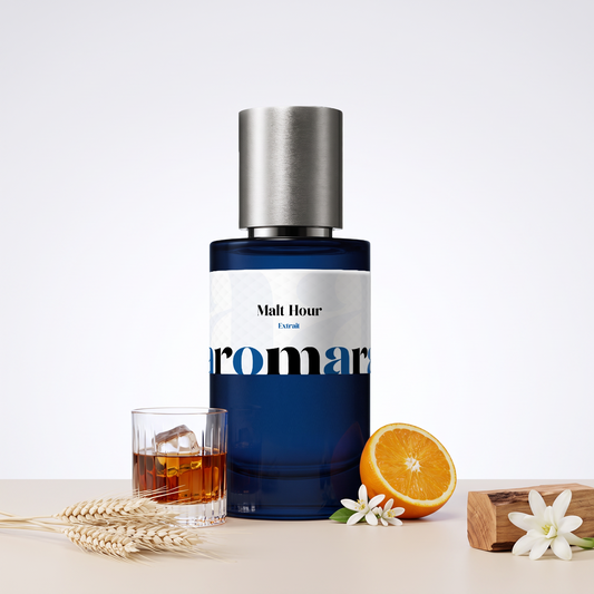 Malt Hour 35% Extrait perfume by Aromara, inspired by Kilian Old Fashioned. Whisky accord, wheat, orange blossom, tuberose, cedar. UK-made dupe, 7+ hour wear.