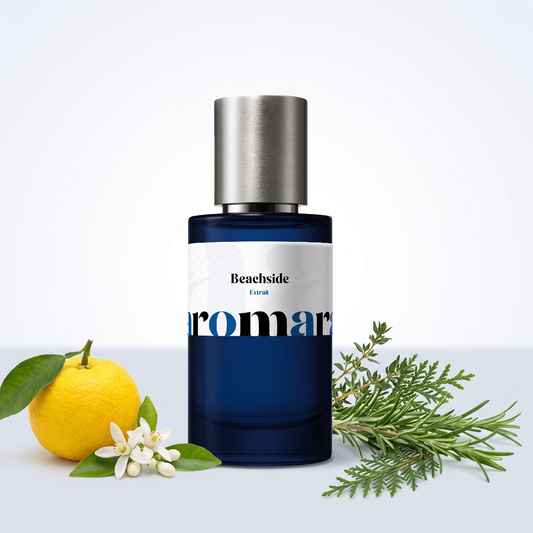 Beachside 35% Extrait perfume by Aromara, inspired by Louis Vuitton On The Beach. Yuzu, neroli, rosemary, thyme, cypress. UK-made dupe, 7+ hour wear.