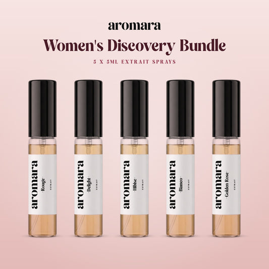 Women's Discovery Bundle by Aromara: pick any 5 x 5ml Extrait sample sprays, shown with Rouge, Delight, Hibisc, Bianco and Golden Rose, 35% Extrait perfume