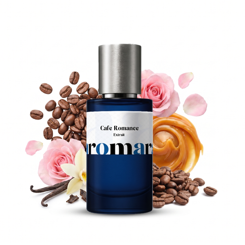 Cafe Romance 35% Extrait perfume by Aromara, inspired by Mancera Amore Caffe. Coffee, spices, vanilla, rose, tonka, musk, caramel. UK-made dupe, 7+ hour wear.