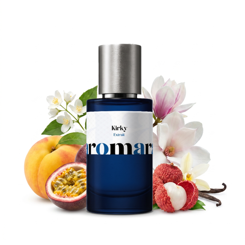 Kirky 35% Extrait perfume by Aromara, inspired by Tiziana Terenzi Kirke. Peach, passion fruit, lychee, jasmine, vanilla, caramel. UK-made dupe, 7+ hour wear.