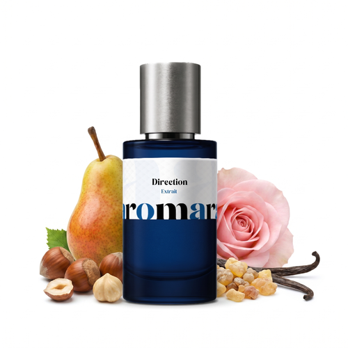 Direction 35% Extrait perfume by Aromara, inspired by Amouage Guidance. Pear, hazelnut, rose, frankincense, jasmine, saffron, vanilla. UK-made dupe, 7+ hour wear.