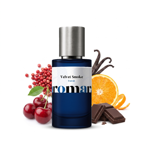 Velvet Smoke 35% Extrait perfume by Aromara, inspired by BDK Parfums Rouge Smoking. Pink pepper, cherry, heliotrope, tonka, vanilla, cacao. UK-made dupe, 7+ hour wear.