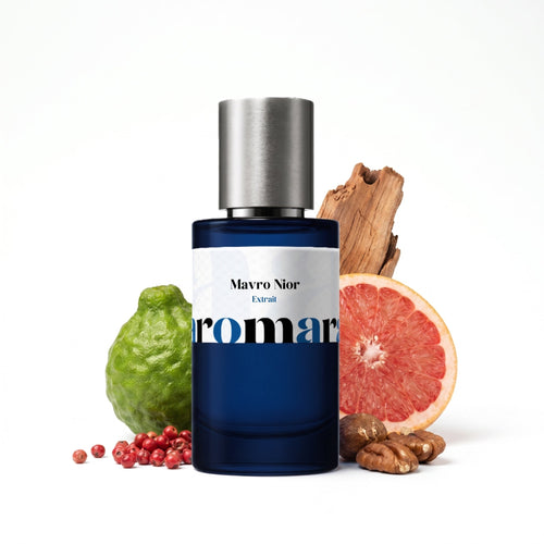 Mavro Nior 35% Extrait perfume by Aromara, inspired by Gissah Mavro. Bergamot, lemon, grapefruit, pink pepper, saffron, praline, cedarwood, tonka. UK-made dupe, 7+ hour wear.