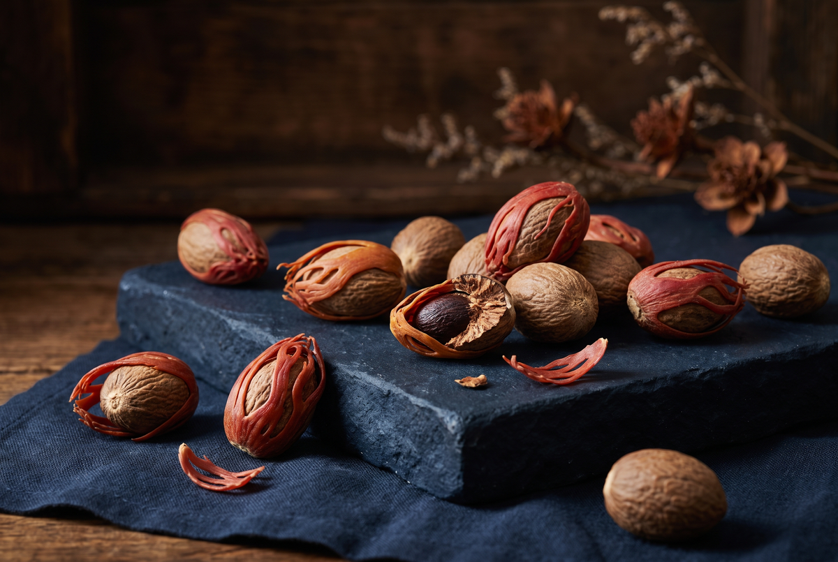 Whole nutmegs with lacy red mace on dark stone, the nutmeg note in fragrance