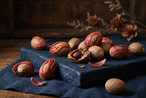 Whole nutmegs with lacy red mace on dark stone, the nutmeg note in fragrance