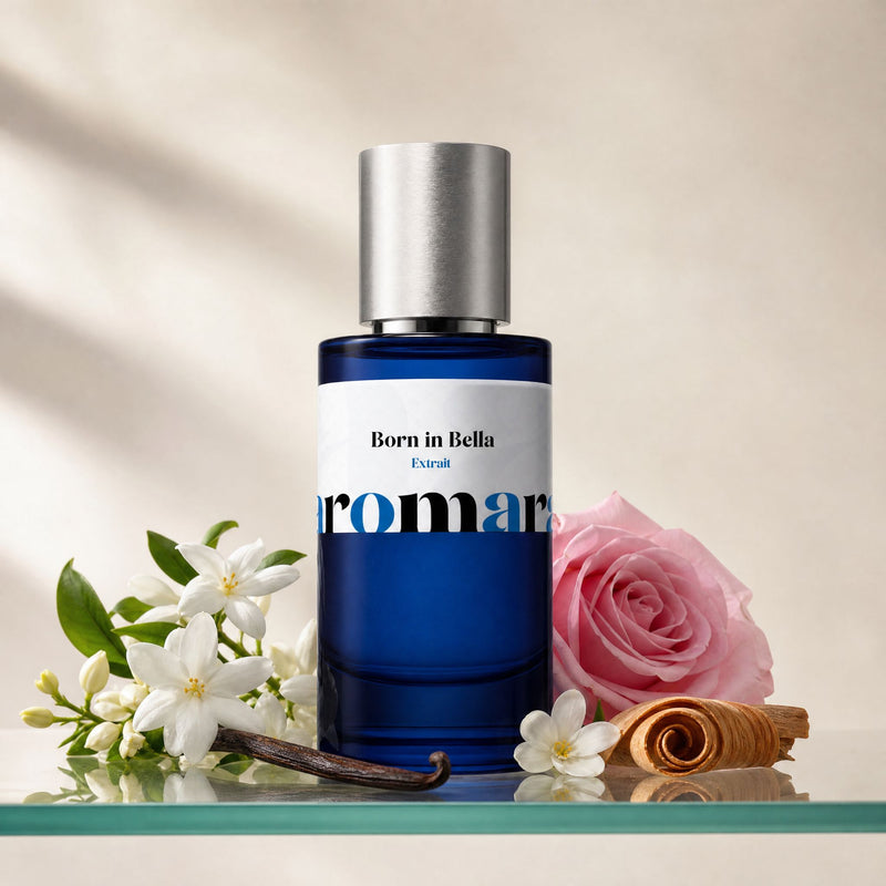 Born in Bella perfume bottle with jasmine, rose, vanilla pod and sandalwood, feminine floral dupe by Aromara