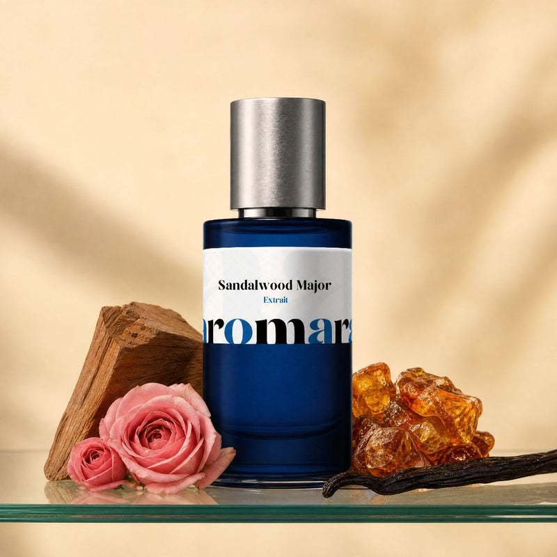 Sandalwood Major perfume bottle with raw sandalwood chunk, pink rose, amber resin and vanilla pod, Santal 33 dupe by Aromara