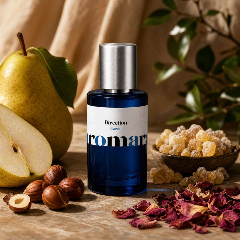 Direction by Aromara, 35% extrait perfume bottle with fresh pear, roasted hazelnuts, frankincense resin and dried rose petals