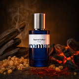 Sacred Ember by Aromara, 35% extrait perfume bottle with frankincense resin, saffron threads, smouldering oud wood and glowing embers