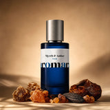 Myrrh and Amber perfume bottle with myrrh resin chunks and amber pieces on warm sepia, oriental resin dupe by Aromara