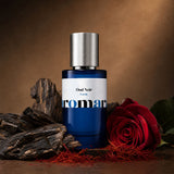 Oud Noir perfume bottle with dark oud wood, red rose and saffron threads on deep brown, masculine oriental dupe by Aromara