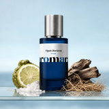 Open Horizon perfume bottle with halved bergamot, sea salt, vetiver root and driftwood, aquatic masculine dupe by Aromara