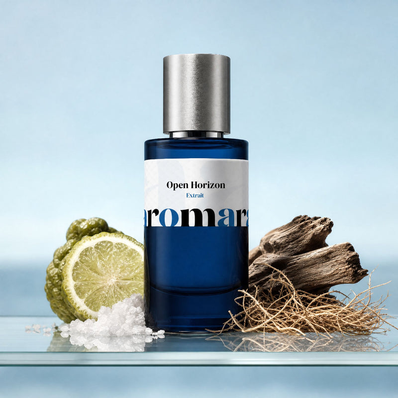 Open Horizon perfume bottle with halved bergamot, sea salt, vetiver root and driftwood, aquatic masculine dupe by Aromara