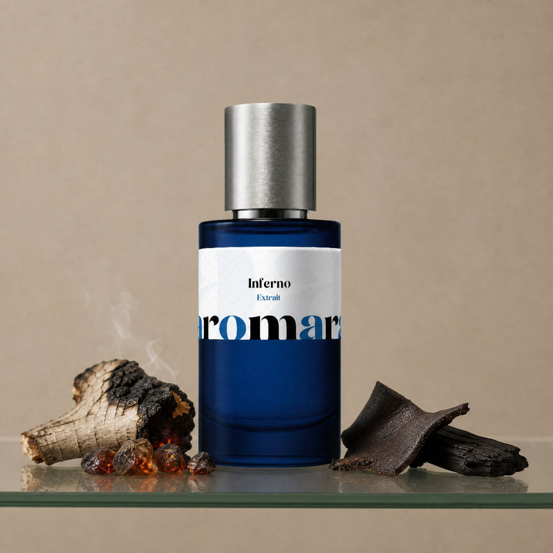 Aromara Inferno Extrait perfume bottle on glass shelf with smouldering birch wood, charred leather, glowing ember stones and dark wood on soft warm taupe background