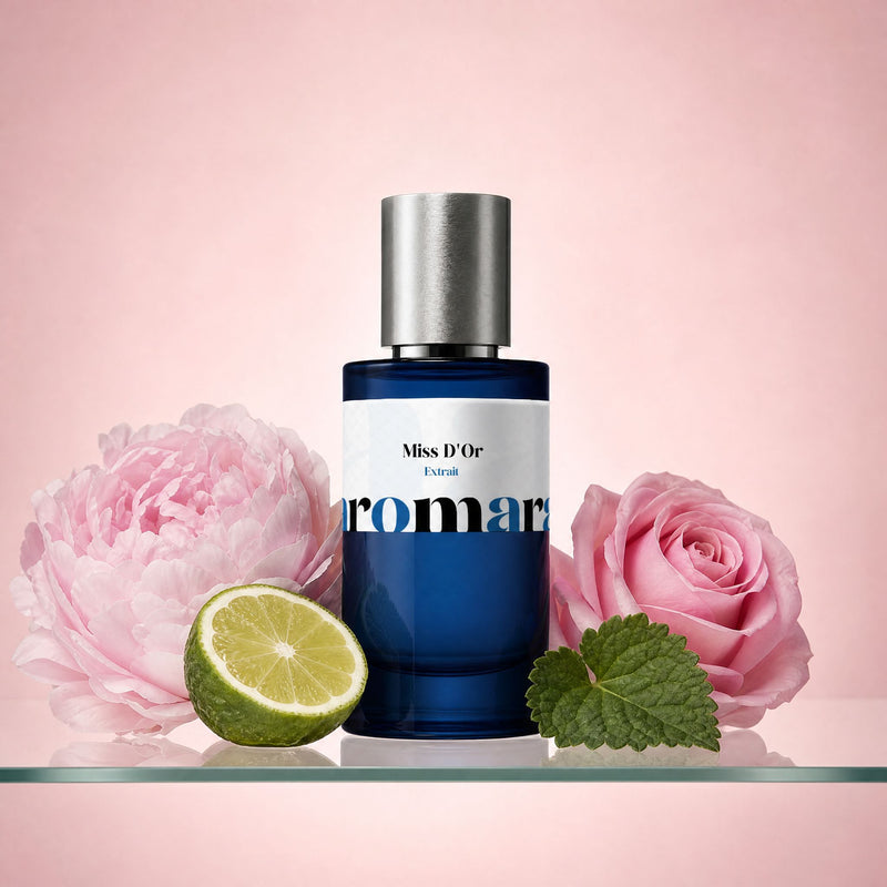 Miss DOr perfume bottle with pink peony, rose, bergamot and patchouli on pale pink gradient, feminine floral dupe by Aromara