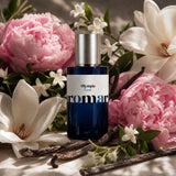 Olympia by Aromara, 35% extrait perfume bottle with pink peony blooms, white magnolia and jasmine sprigs
