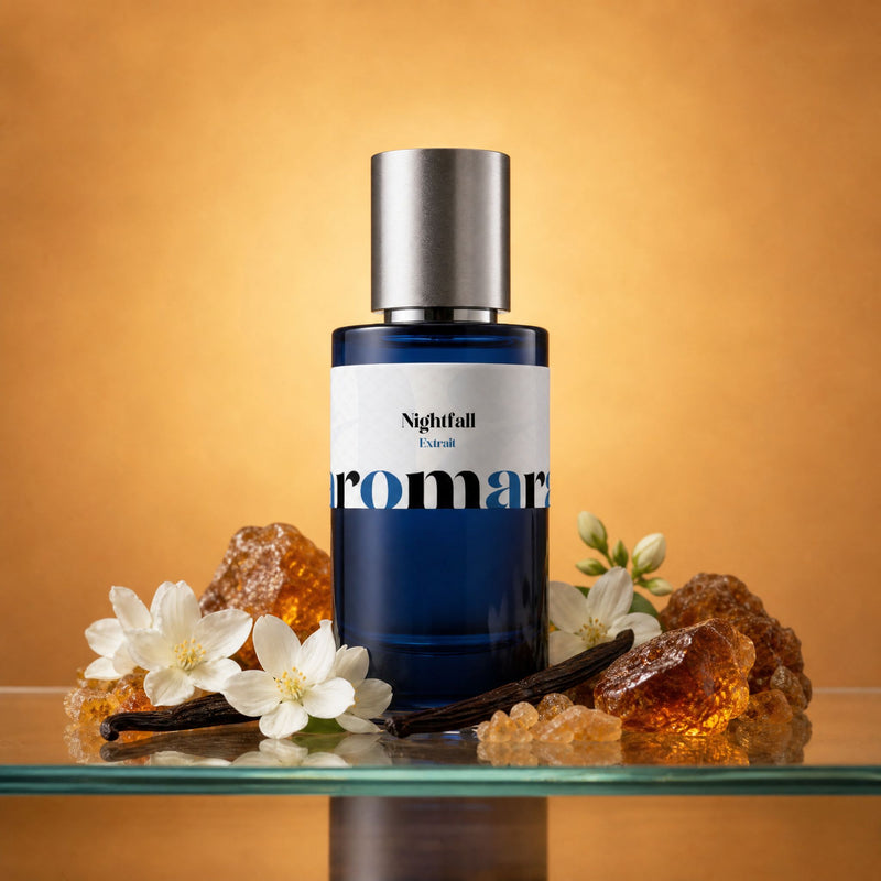 Nightfall perfume bottle with amber resin, vanilla pod and white jasmine on warm gradient, sensual oriental dupe by Aromara