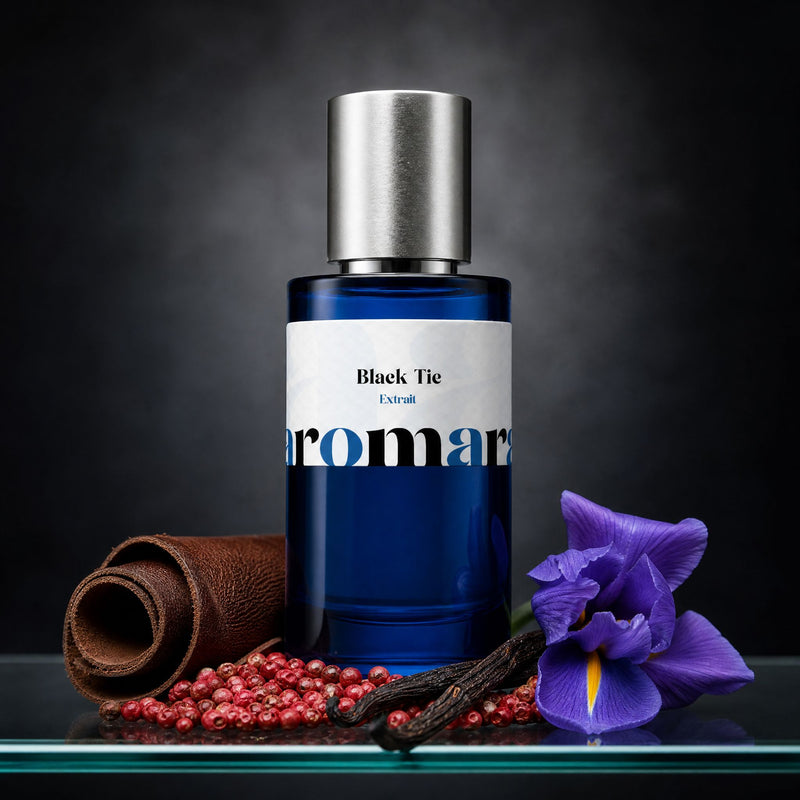 Black Tie perfume bottle with rolled leather, pink peppercorns, purple iris and vanilla pod, tailored evening dupe by Aromara