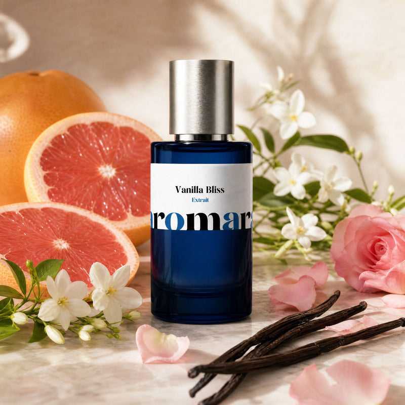 Vanilla Bliss by Aromara, 35% extrait perfume bottle with grapefruit halves, white jasmine, vanilla pods and pink rose petals