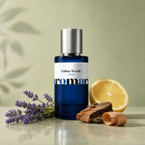 Lisbon Woods perfume bottle with lavender, lemon, cedarwood and sandalwood on sage green, classic woody aromatic dupe by Aromara