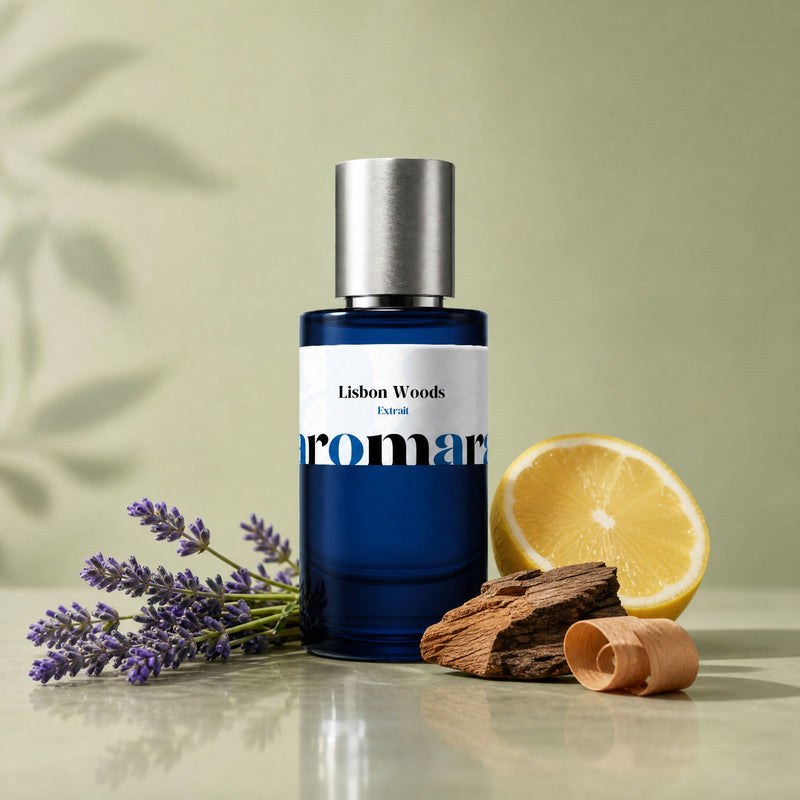 Lisbon Woods perfume bottle with lavender, lemon, cedarwood and sandalwood on sage green, classic woody aromatic dupe by Aromara