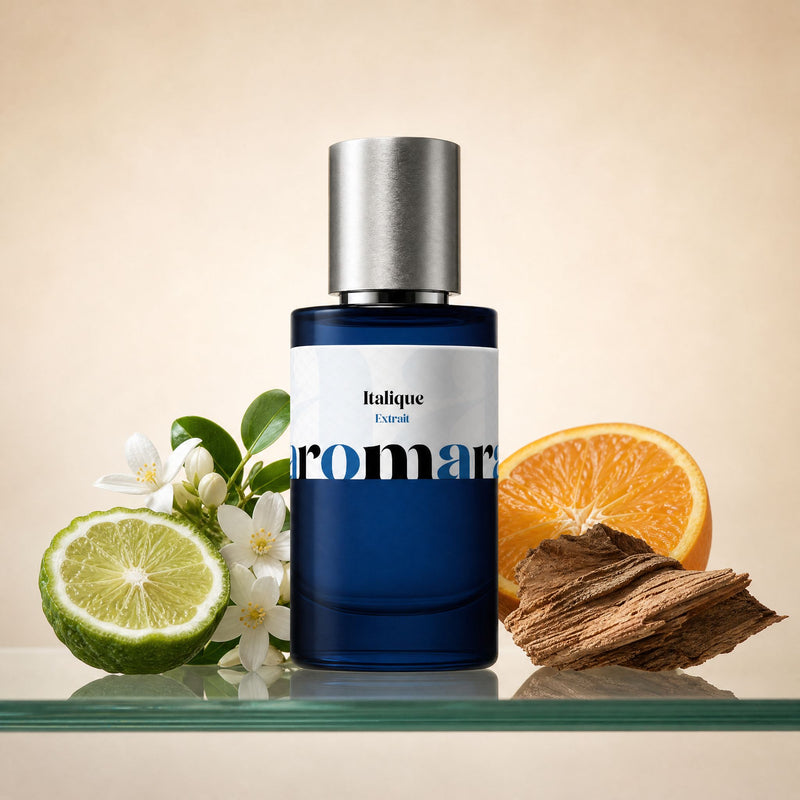 Italique perfume bottle with halved bergamot, orange, white jasmine and cedarwood, Italian summer fragrance by Aromara