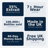 Why choose Aromara: 35% Extrait, 7+ hour wear, 100,000+ bottles sold, made in the UK, 60-day money-back, free UK shipping