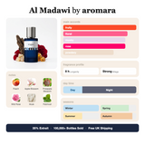Al Madawi by Aromara fragrance profile card: fruity, floral, musky accords; notes of peach, apple blossom, wild rose, patchouli; 8 hour longevity, strong sillage; 35% Extrait, 100,000+ bottles sold, free UK shipping.