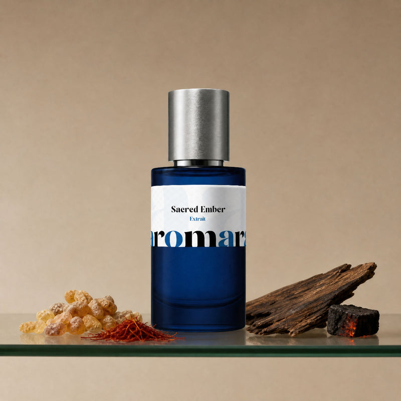Aromara Sacred Ember Extrait perfume bottle on glass shelf with frankincense resin, saffron threads, oud wood and ember-glow charcoal on soft warm taupe background