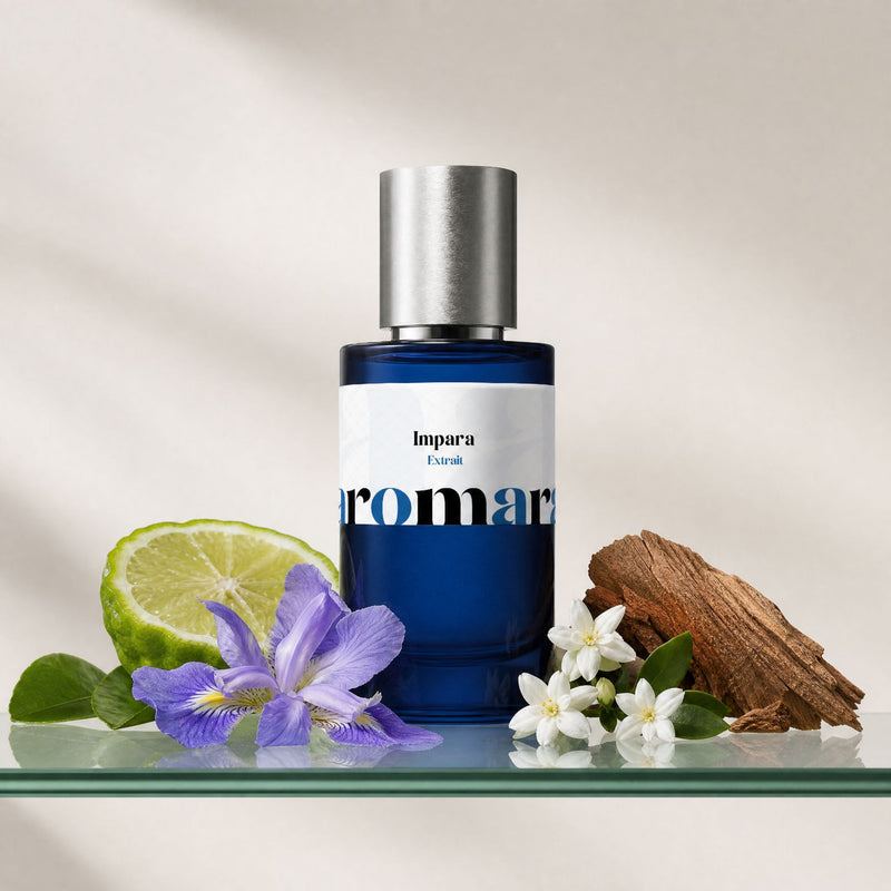 Impara perfume bottle with bergamot, purple iris, white jasmine and cedarwood, refined dupe by Aromara