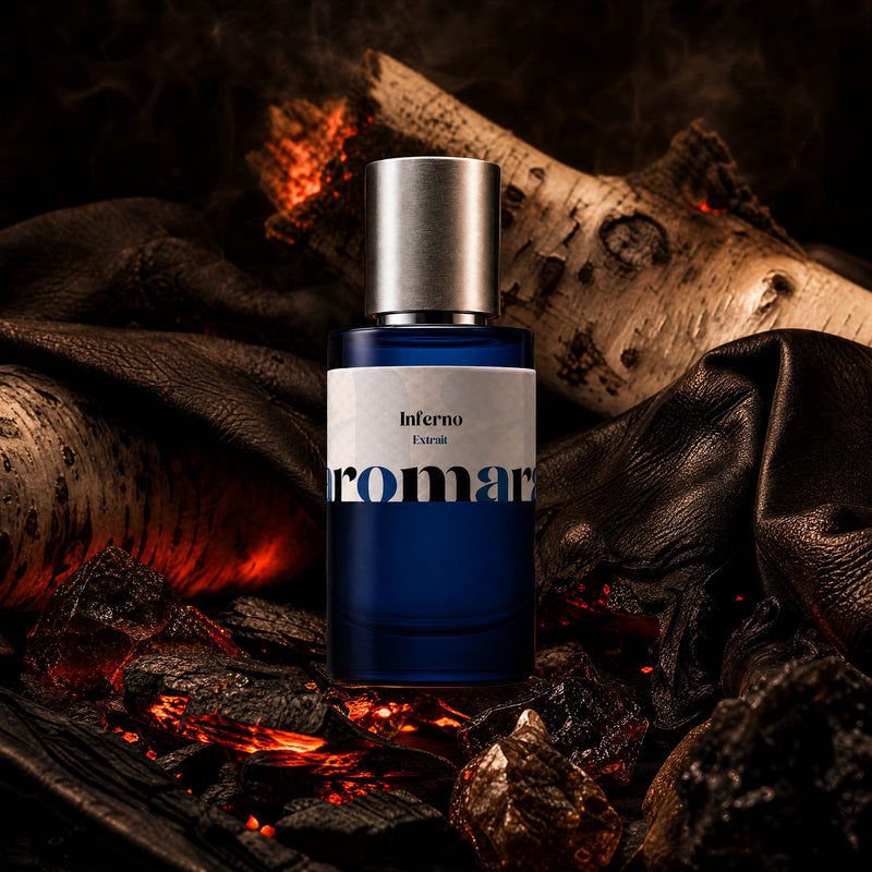 Inferno by Aromara, 35% extrait perfume bottle with smouldering birch wood, charred dark leather and glowing ember charcoal