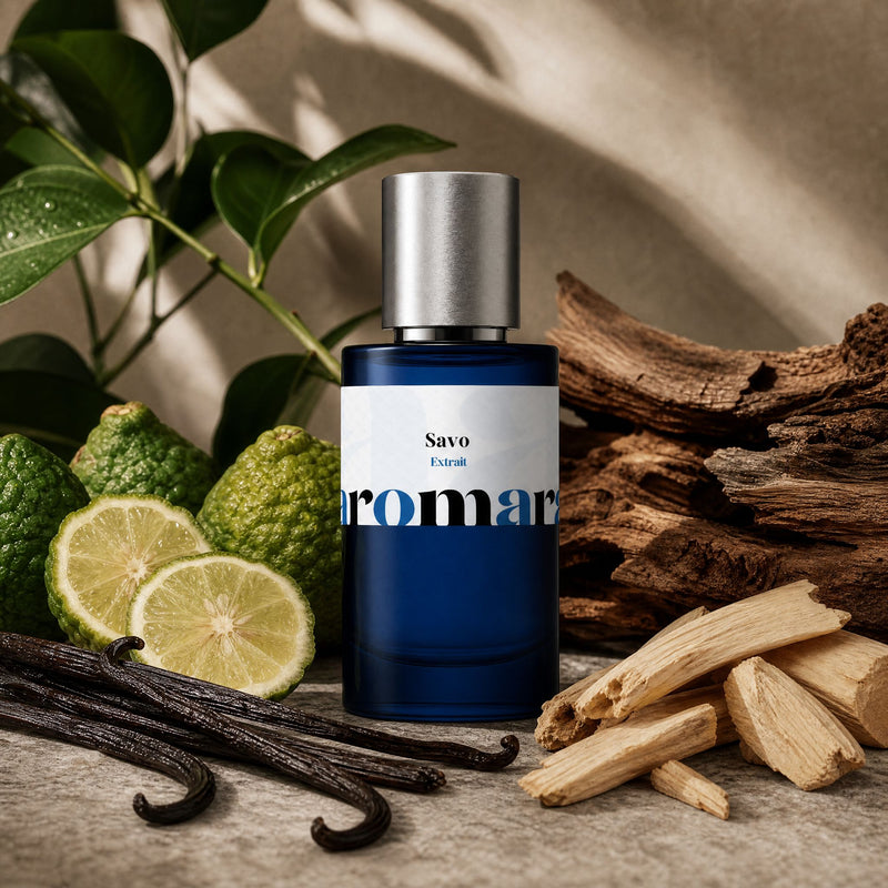 Savo by Aromara, 35% extrait perfume bottle with fresh bergamot, cedarwood, vanilla pods and white sandalwood