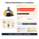Citrus Oud Intense by Aromara fragrance profile card: vanilla, sweet, fruity accords; notes of fruity notes, coconut, vanilla, agarwood; 10 hour longevity, enormous sillage; 35% Extrait, 100,000+ bottles sold, free UK shipping.