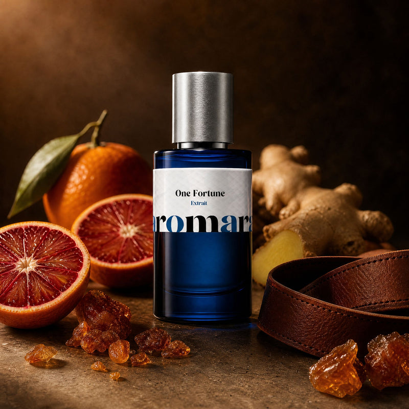 One Fortune by Aromara, 35% extrait perfume bottle with blood mandarin, ginger root, leather and raw amber resin