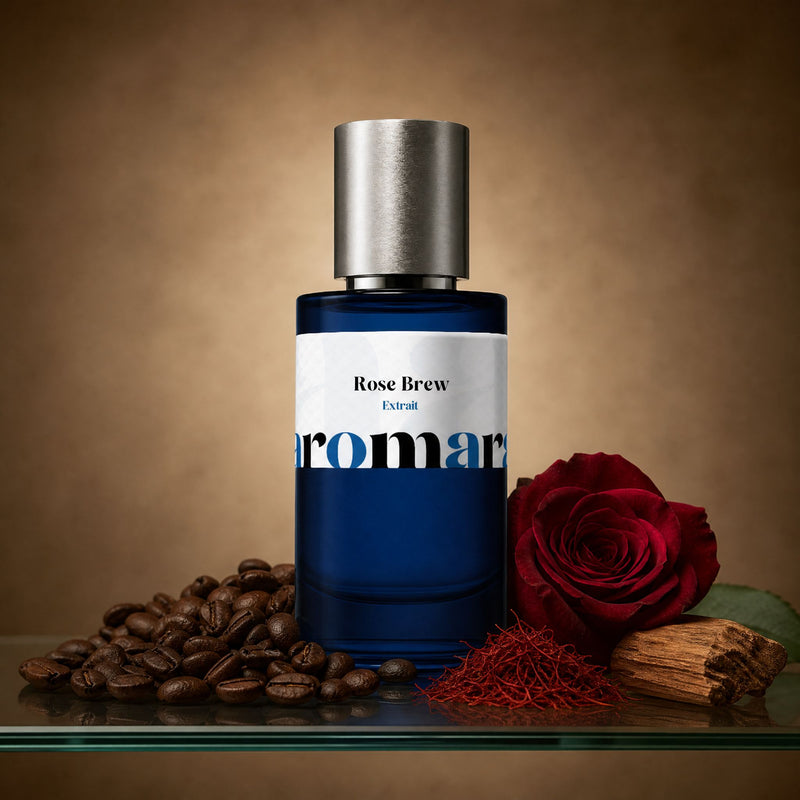 Rose Brew perfume bottle with coffee beans, deep red damask rose, saffron threads and sandalwood, rose coffee dupe by Aromara
